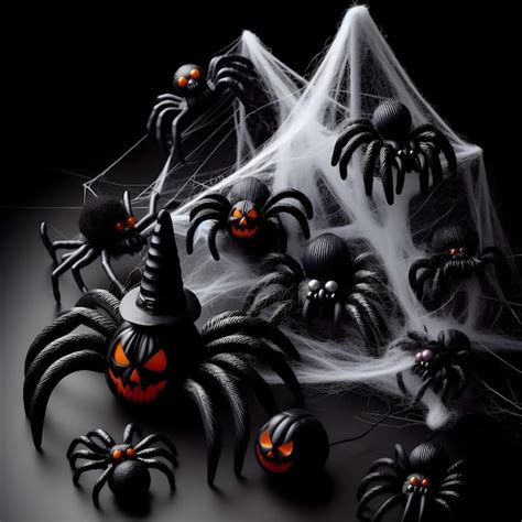 Premium Photo A Group Of Eerielooking Plastic Spiders And Cobwebs For