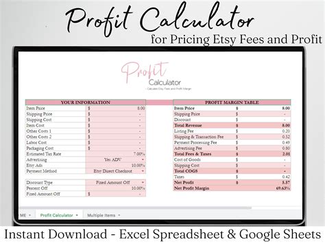 Profit Calculator Spreadsheet Etsy Fee And Profit Calculator 2023 Product Pricing Calculator