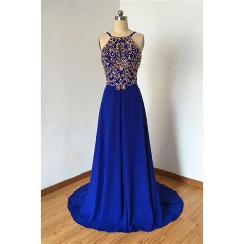 Sheath Open Back Long Royal Blue Chiffon Gold Beaded Prom Dress With Straps