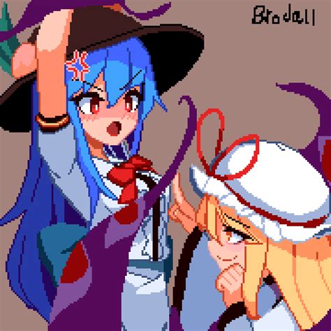 Brodall Pixel Hinanawi Tenshi Yakumo Yukari Touhou 2girls Angry Blonde Hair Blue Hair