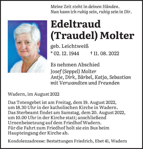 Traueranzeigen Von Edeltraud Molter Saarbruecker Zeitung Trauer De