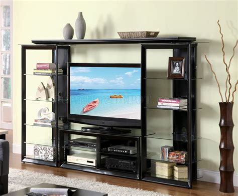 Gloss Black Modern Entertainment Wall Unit w/Glass Shelves