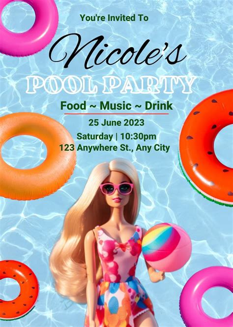 An Advertisement For A Pool Party With Barbie Dolls