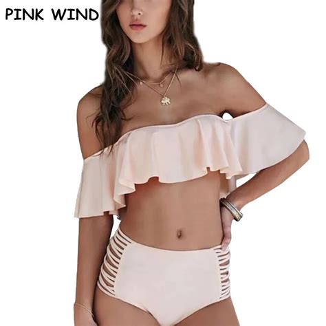 Pink Wind Baby Pink Off Shoulder Flounce Bikini Vintage Ruffle