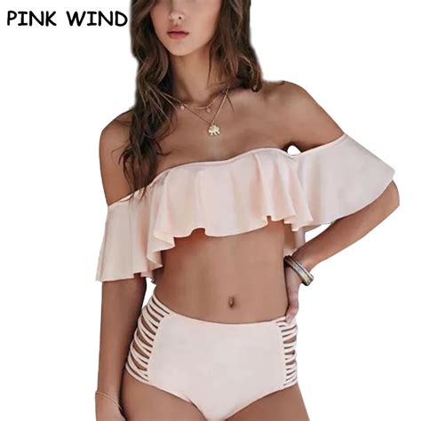 PINK WIND Baby Pink Off Shoulder Flounce Bikini 2017 Vintage Ruffle