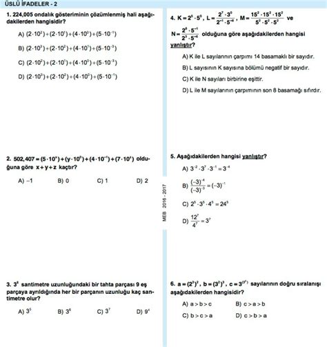 8 Sınıf Matematik Kazanım Kavrama Testi Cevapları Test 5 ÜSLÜ İFADELER