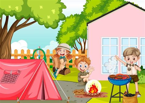 Backyard camping with kids 7584235 Vector Art at Vecteezy