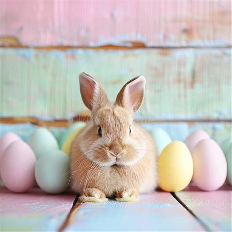 Cute Fluffy Bunny Nestled Among Colorful Easter Eggs On Blue Background