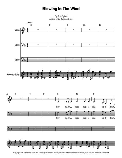 Blowin In The Wind Arr Tunescribers By Bob Dylan Sheet Music For