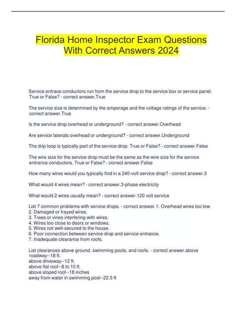 Florida Home Inspector Exam Questions With Correct Answers 2024