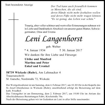 Traueranzeigen Von Leni Langenhorst Trauer In Nrw De