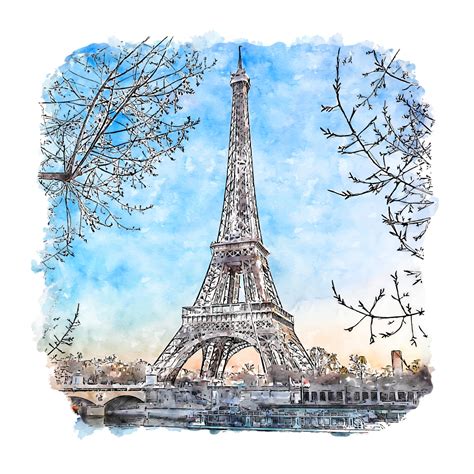 Eiffel Tower Paris France Watercolor Sketch Hand Drawn Illustration