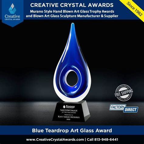 Blue Teardrop Art Glass Award Teardrop Shaped Art Glass Trophy In