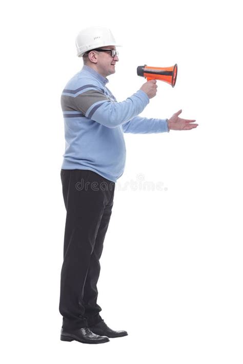 Side View A Mature Man With A Megaphone Explains Something Stock Image