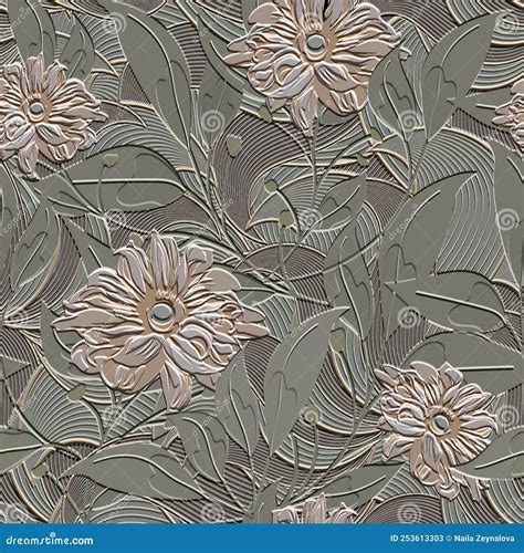 3d Embossed Flowers Seamless Pattern Textured Beautiful Flowers Relief Background Repeat