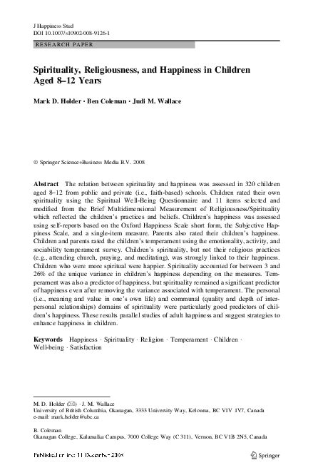 (PDF) Spirituality, Religiousness, and Happiness in Children Aged 8–12 Years