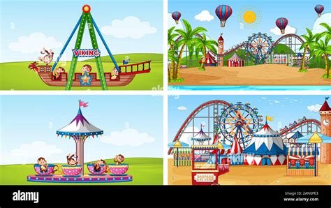 Four Scenes With Many Rides In The Fun Fair Illustration Stock Vector