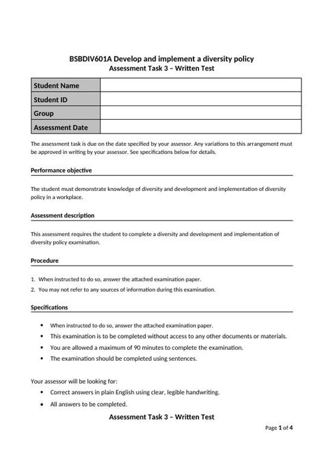 Assessment Task 3 Written Test For Bsbdiv601a