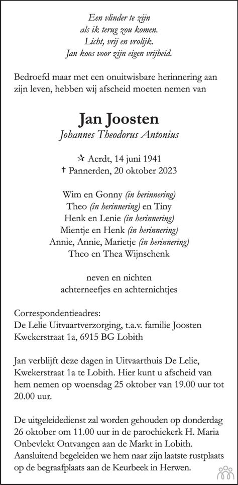 Jan Johannes Theodorus Antonius Joosten Overlijdensbericht