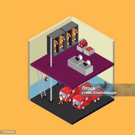 Stasiun Pemadam Kebakaran Dua Lantai Bangunan Interior Isometrik 3d