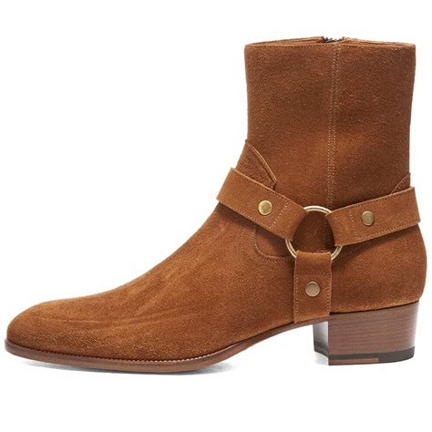 Saint Laurent Mens Wyatt Harness Suede Boot In Light Brown Saint Laurent