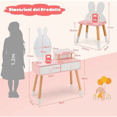 Costway Set Toeletta Per Bambini Set Tavolo Da Trucco In Legno Per