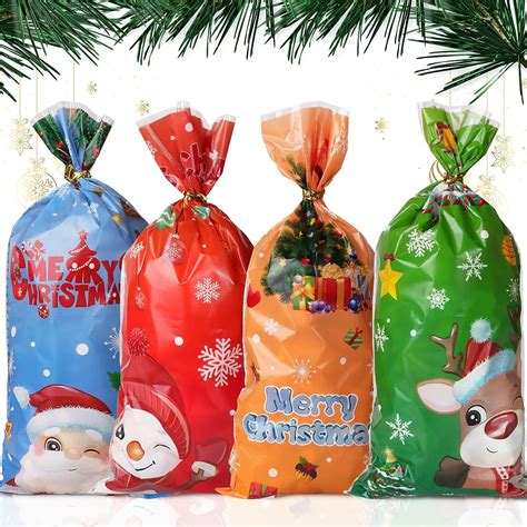 50Pcs Sac Cadeau Noël Sachet Cellophane Pochette Bonbon Motif Renne