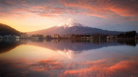 Clouds Town Landscape Lake Sky Sunset Lake Kawaguchi Village