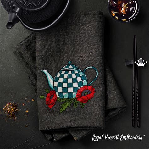 Checkered Turquoise Teapot With Poppies Royal Present Embroidery