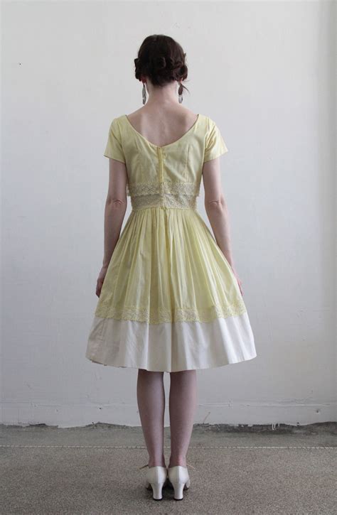 Vintage 1960s Dress Pale Yellow White Lace Tea Length