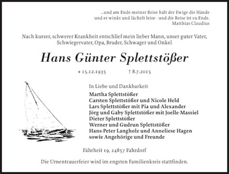 Traueranzeigen Von Hans G Nter Splettst Er Sh Z Trauer