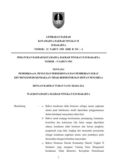 Lembaran Daerah Kotamadya Daerah Tingkat Ii Surakarta Nomor Tahun