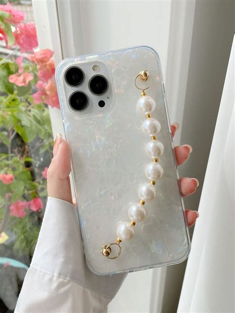 Shell Glitter Phone Case With Faux Pearl Hand Strap Stone Iphone Case Glitter Phone Cases