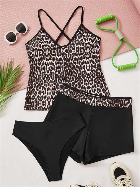 Plus Leopard Criss Cross Bikini Swimsuit With Shorts Shein Usa