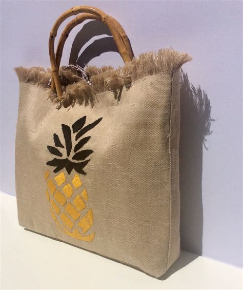 Pineapple Straw Jute Bag With Bamboo Handles Handmade Summer Bag Hand