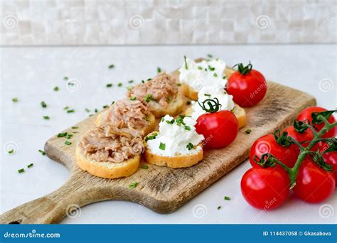 Tuna Fish Bruschetta Sandwich With Cottage Cheese Stock Photo Image