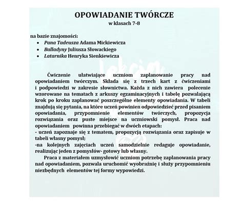 Opowiadanie Tw Rcze W Klasach Pan Tadeusz Balladyna Latarnik