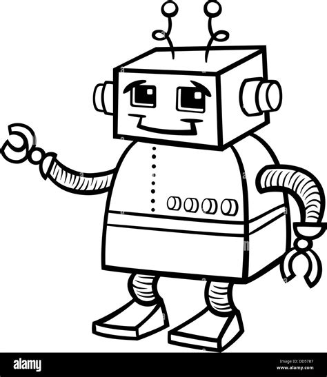 Black And White Cartoon Illustration Of Cute Robot Or Droid For