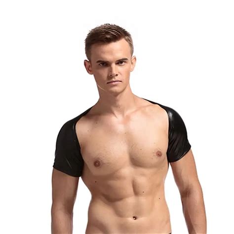 Men S Sexy Faux Leather Crop Tops Short Sleeves Tees Stage Performance Wear Casual Home Wear