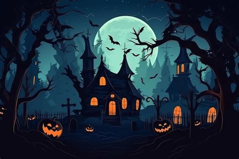 Un fondo de halloween con una casa espeluznante y murciélagos Foto