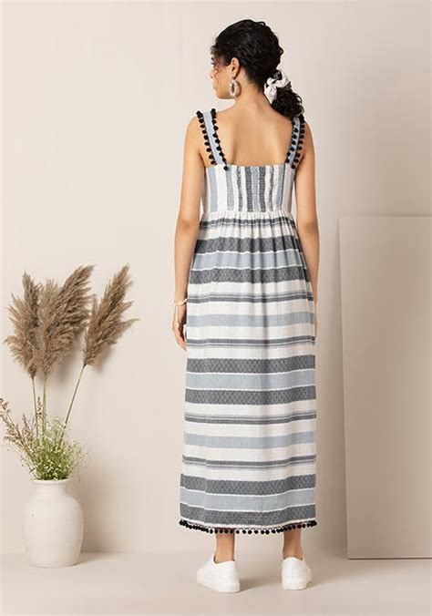 Buy Women Blue Striped Button Down Maxi Dress ETN00062 Kurta Indya