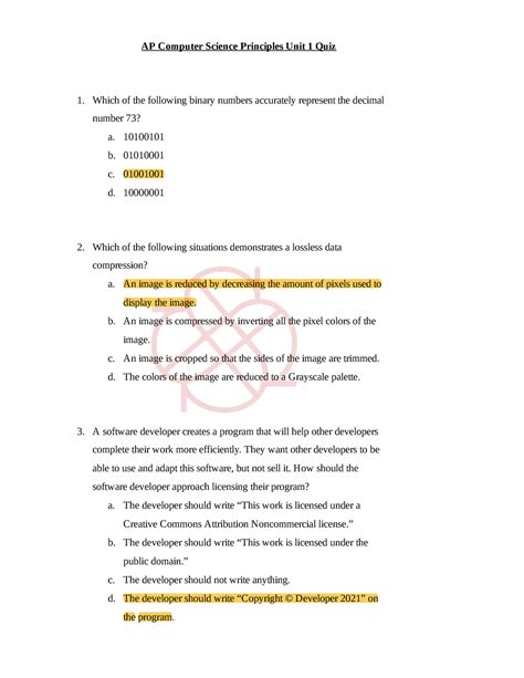 Ap Comp Quiz Overview Ap Computer Science Principles Unit Quiz