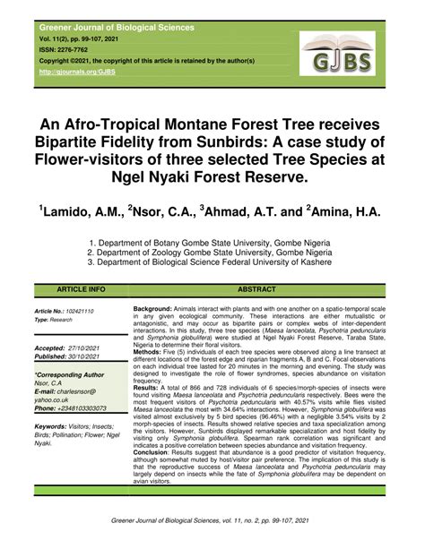 Pdf An Afro Tropical Montane Forest Tree Receives Bipartite Fidelity