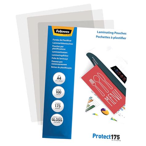 Fellowes Papier A4 Glossy 175 Micron Laminating Pouch 100 Pack Clair