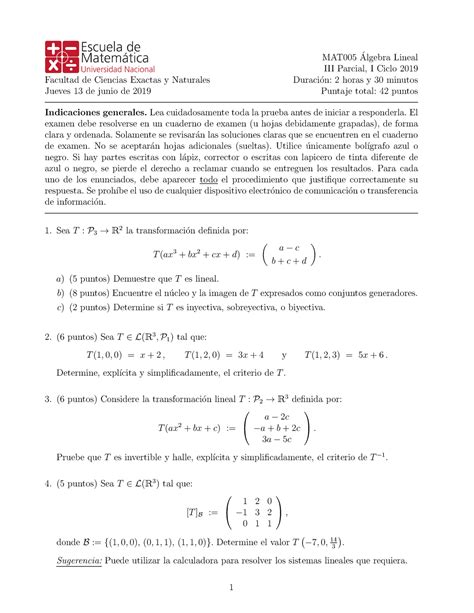 Examen 2019 Preguntas MAT005 Algebra Lineal Parcial I Ciclo 2019 2