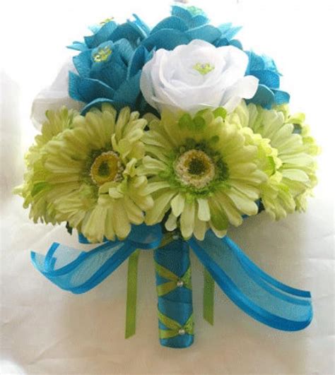 Wedding Flowers Silk Bridal Bouquet TURQUOISE GREEN DAISY 10 Piece Package Flower Arrangements ...