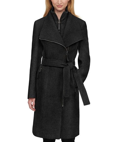 Calvin Klein Womens Faux Leather Trim Belted Wrap Coat Created For