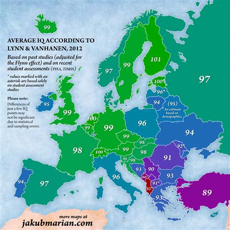 Average IQ in Europe by country (map)