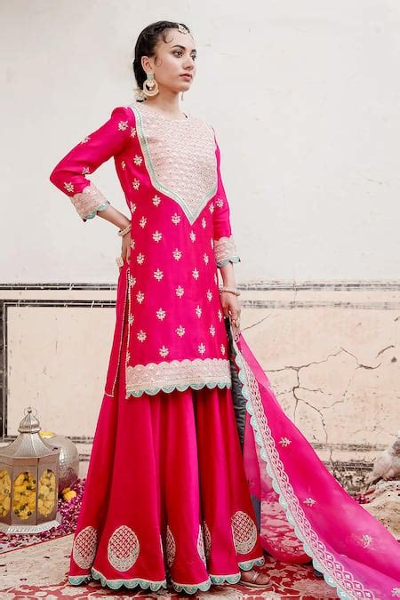 Buy Pink Pure Spun Silk Embroidered Resham Round Marodi Kurta Gharara