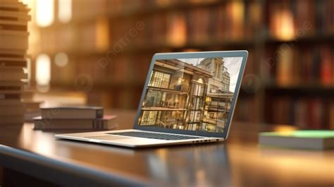 Rendering 3d Realistis Dari Perpustakaan Online Untuk Layar Laptop